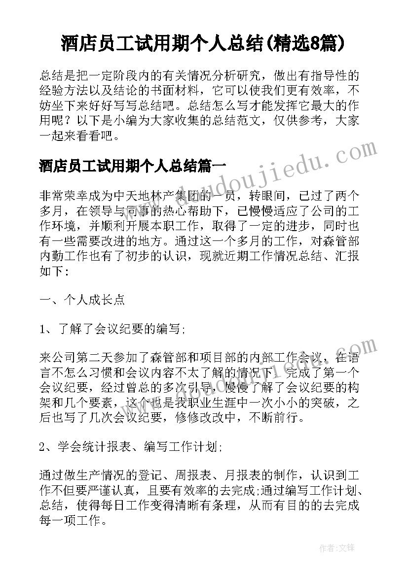 酒店员工试用期个人总结(精选8篇)