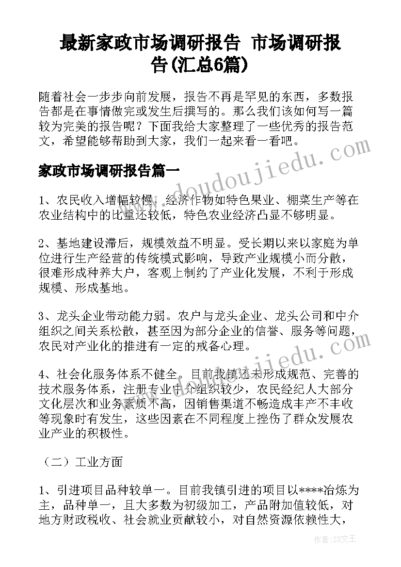 最新家政市场调研报告 市场调研报告(汇总6篇)