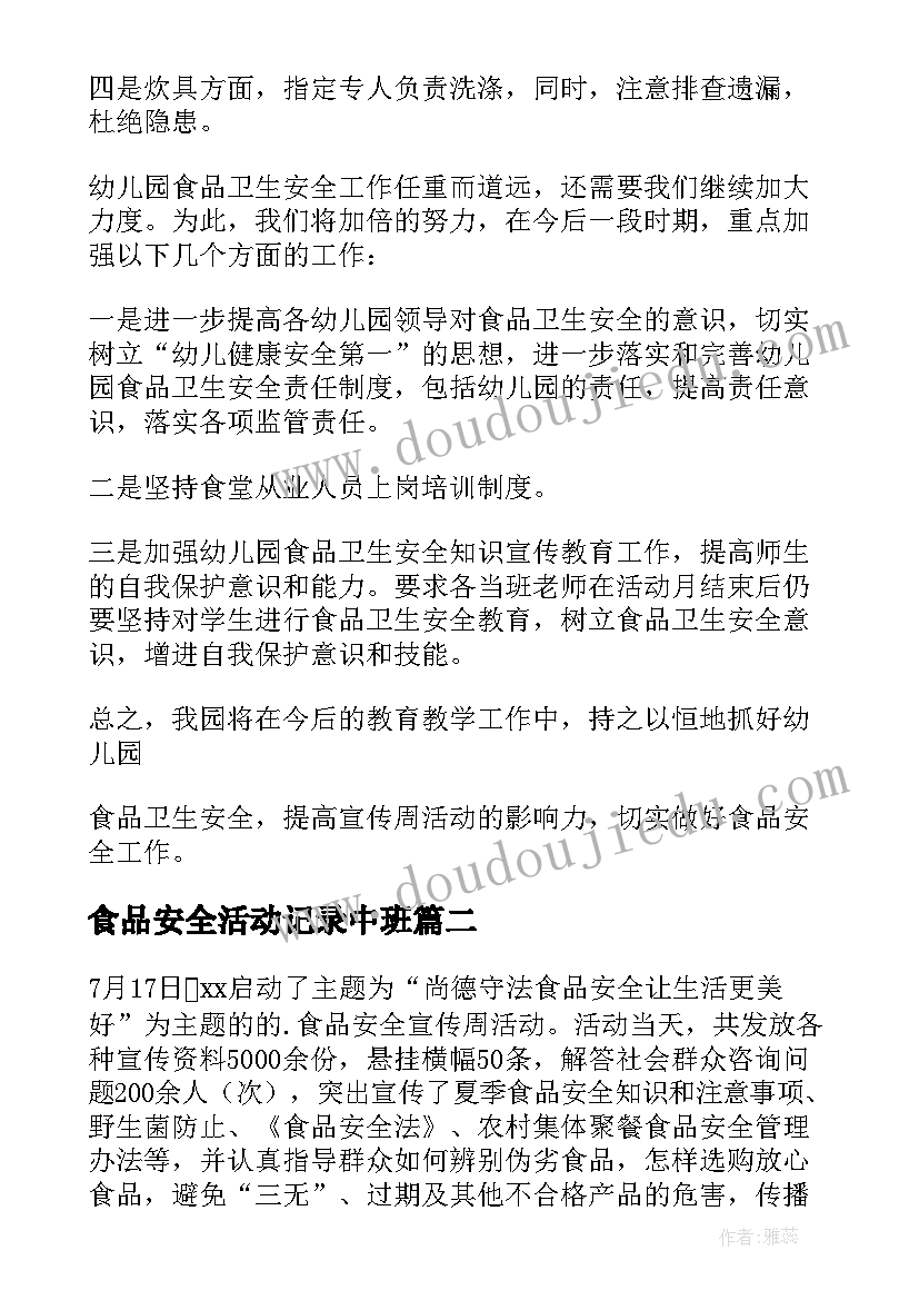 食品安全活动记录中班 食品安全周活动总结(大全8篇)