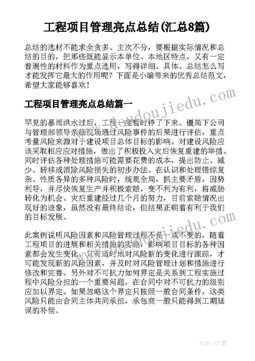 工程项目管理亮点总结(汇总8篇)