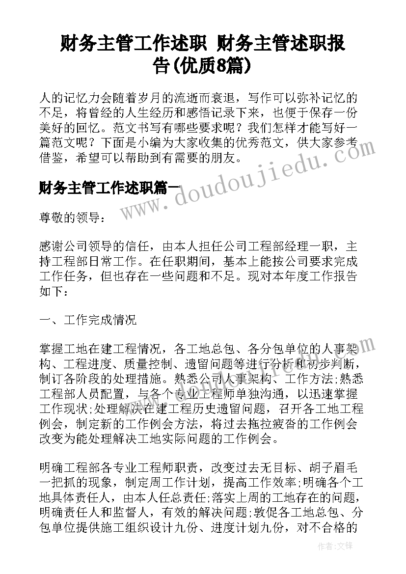 财务主管工作述职 财务主管述职报告(优质8篇)