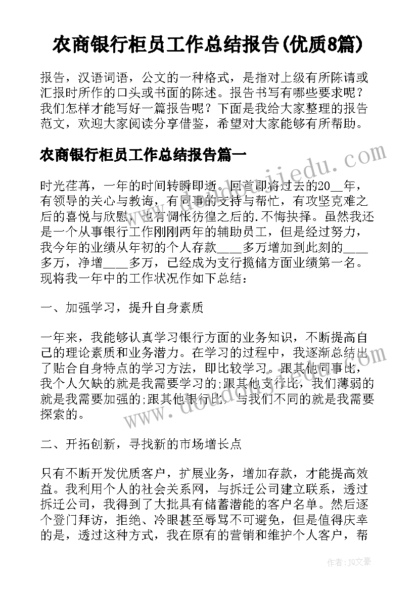 农商银行柜员工作总结报告(优质8篇)