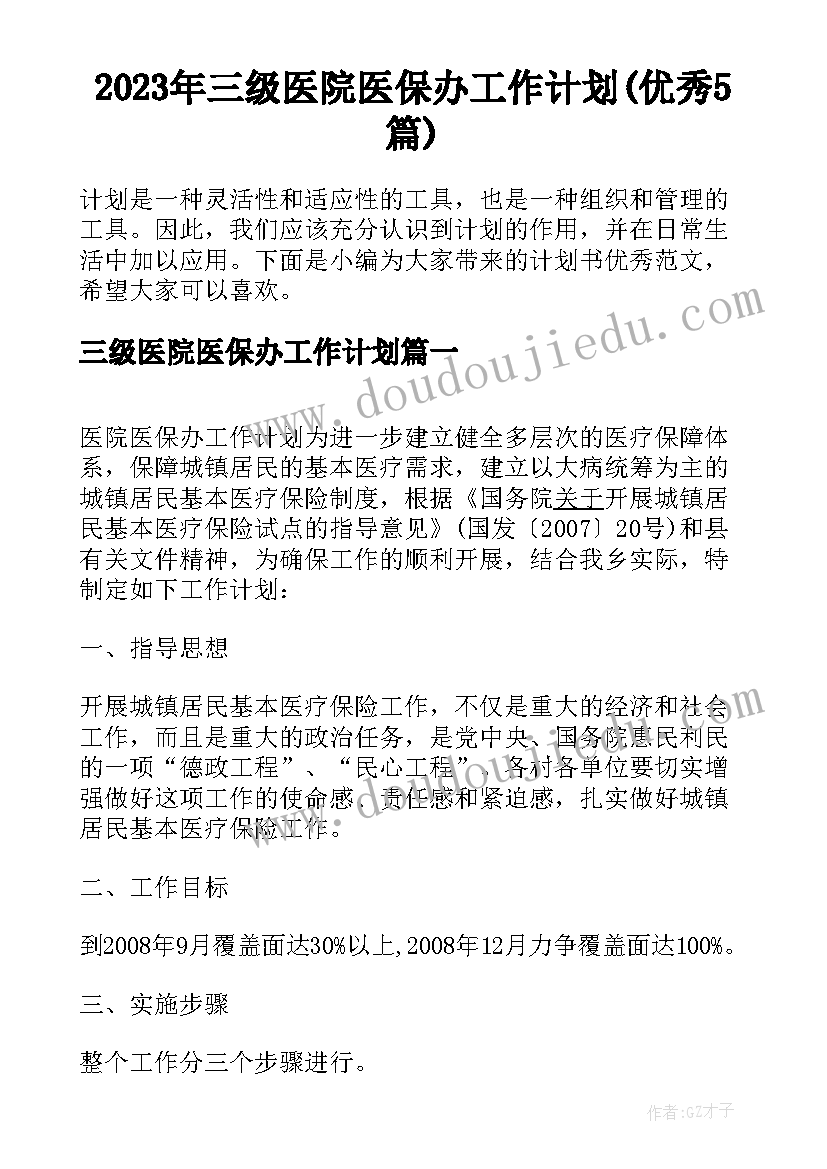 2023年三级医院医保办工作计划(优秀5篇)