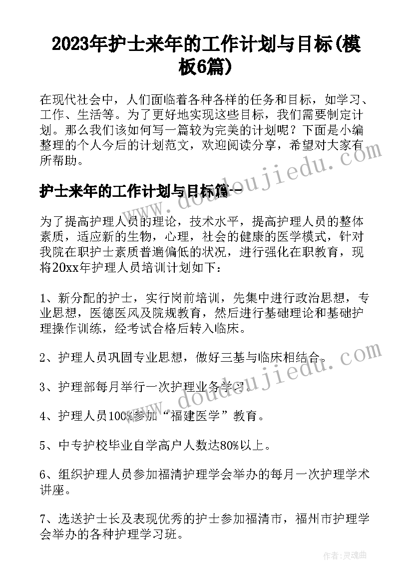 2023年护士来年的工作计划与目标(模板6篇)