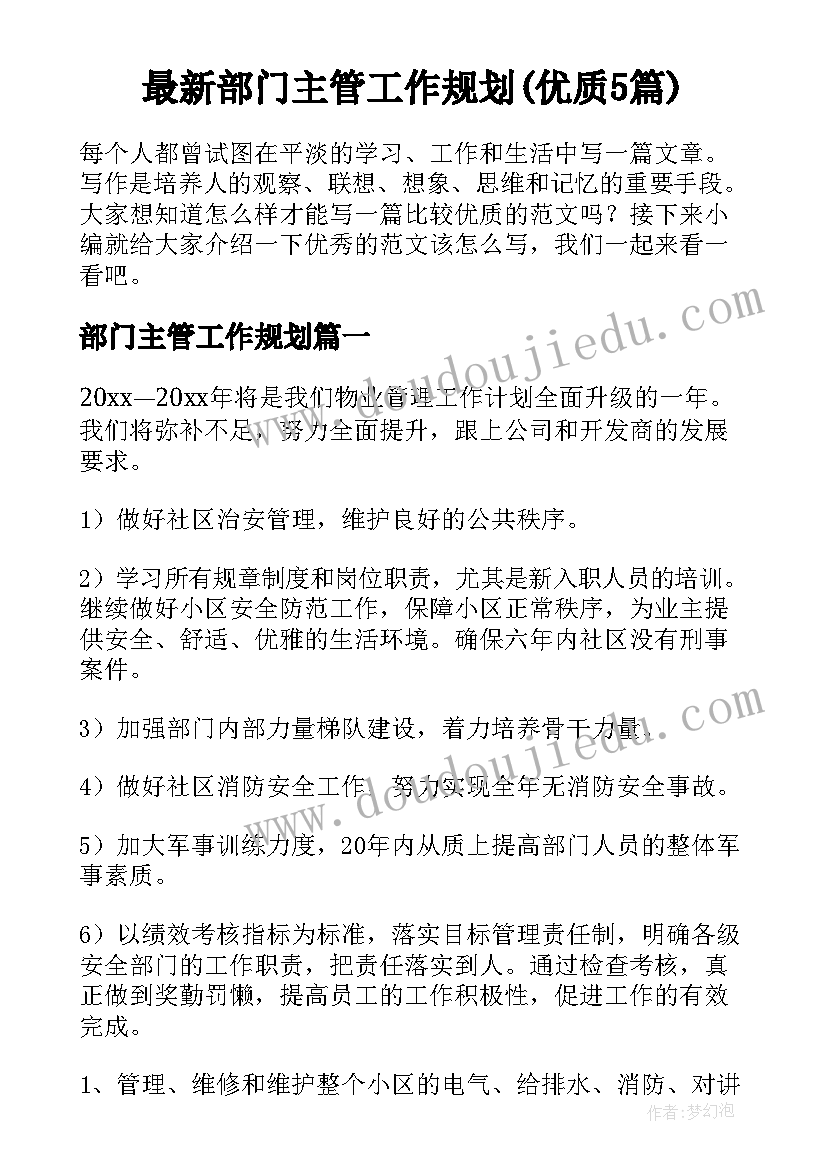 最新部门主管工作规划(优质5篇)