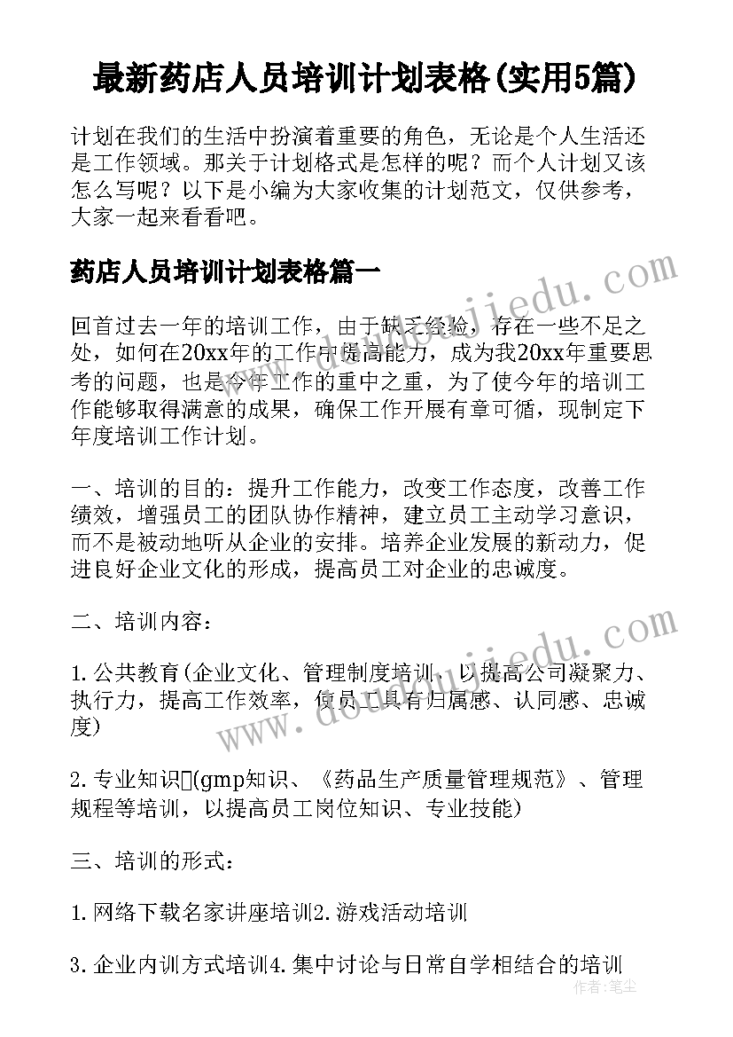 最新药店人员培训计划表格(实用5篇)