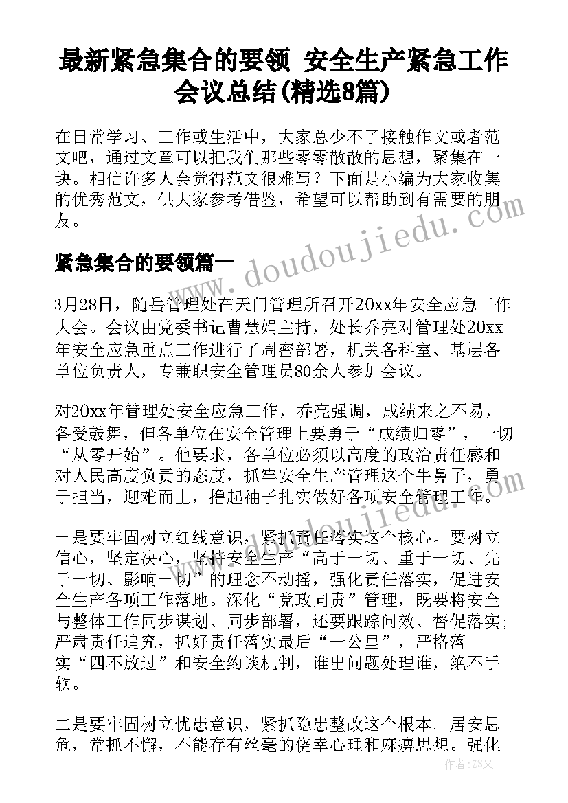 最新紧急集合的要领 安全生产紧急工作会议总结(精选8篇)