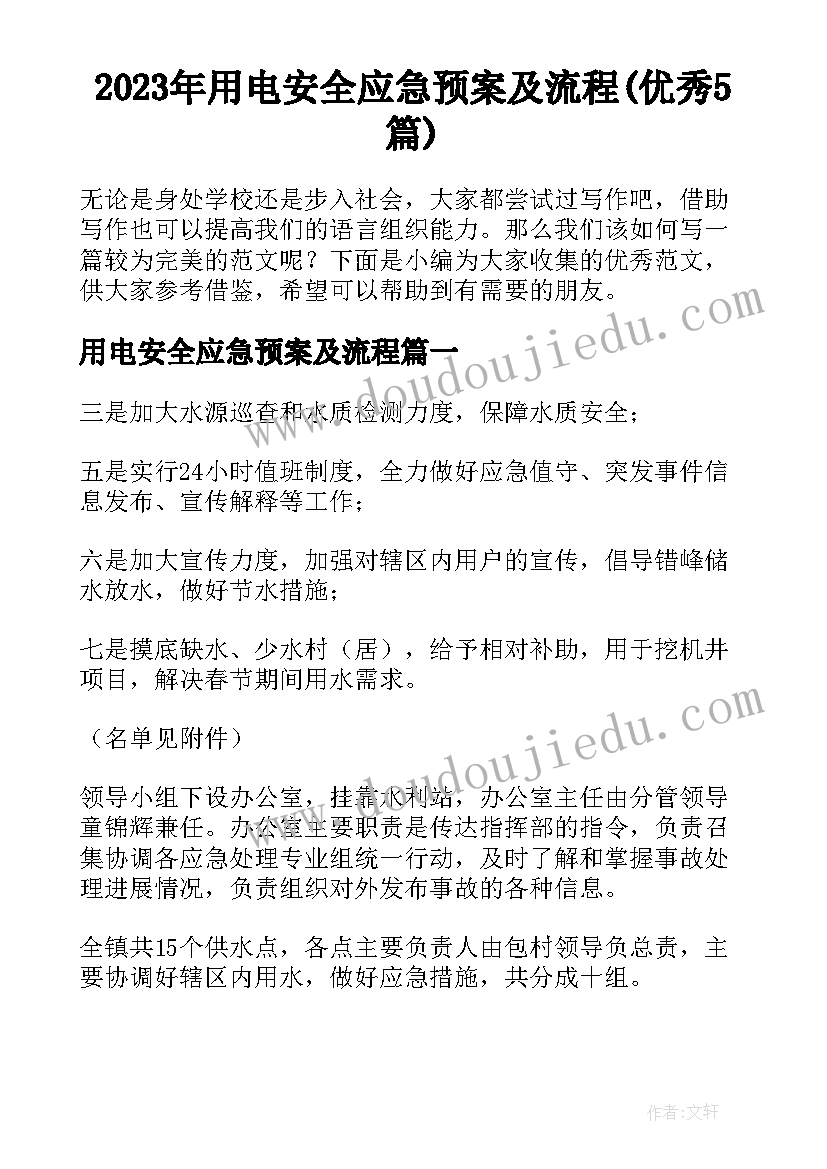 2023年用电安全应急预案及流程(优秀5篇)