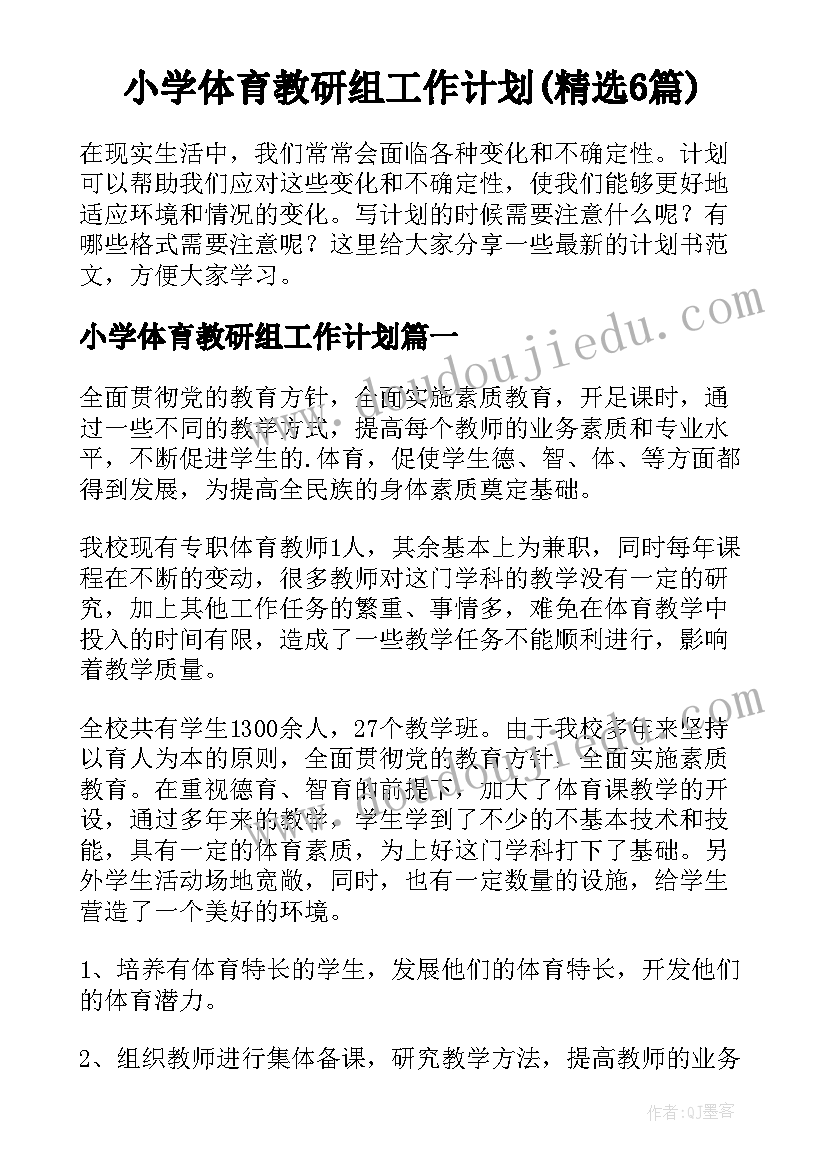 小学体育教研组工作计划(精选6篇)