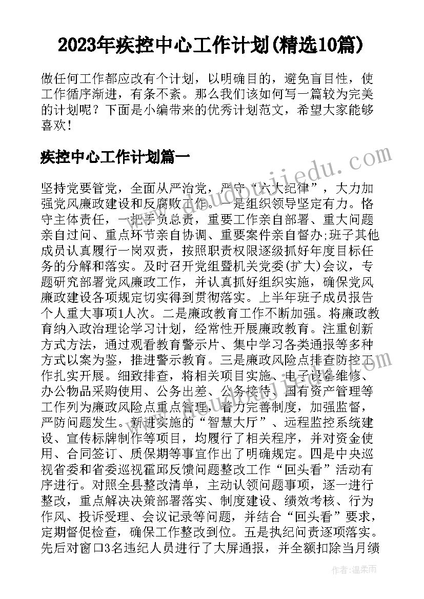 2023年疾控中心工作计划(精选10篇)