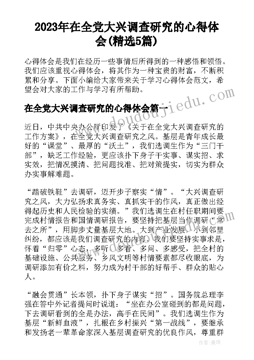 2023年在全党大兴调查研究的心得体会(精选5篇)