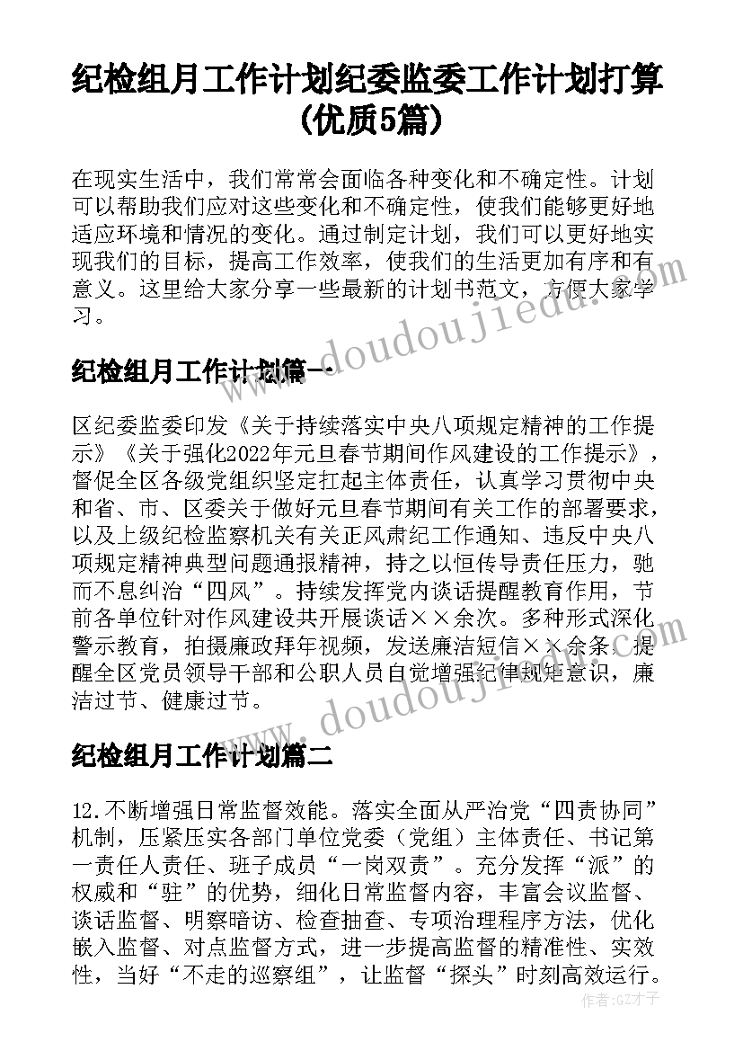 纪检组月工作计划 纪委监委工作计划打算(优质5篇)