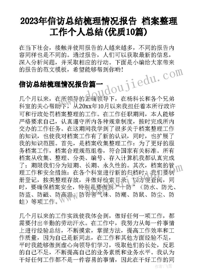 2023年信访总结梳理情况报告 档案整理工作个人总结(优质10篇)