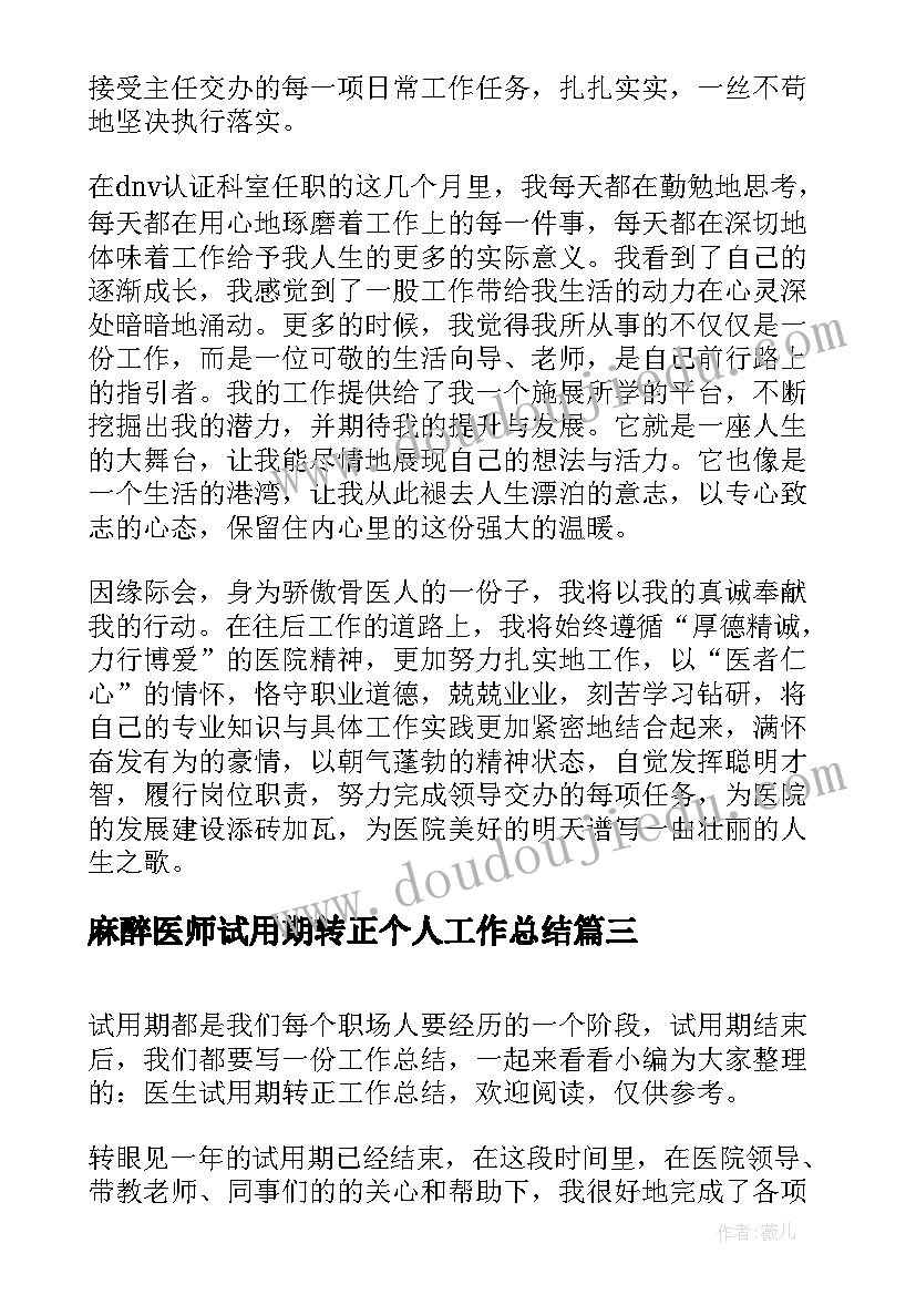 麻醉医师试用期转正个人工作总结(优质8篇)