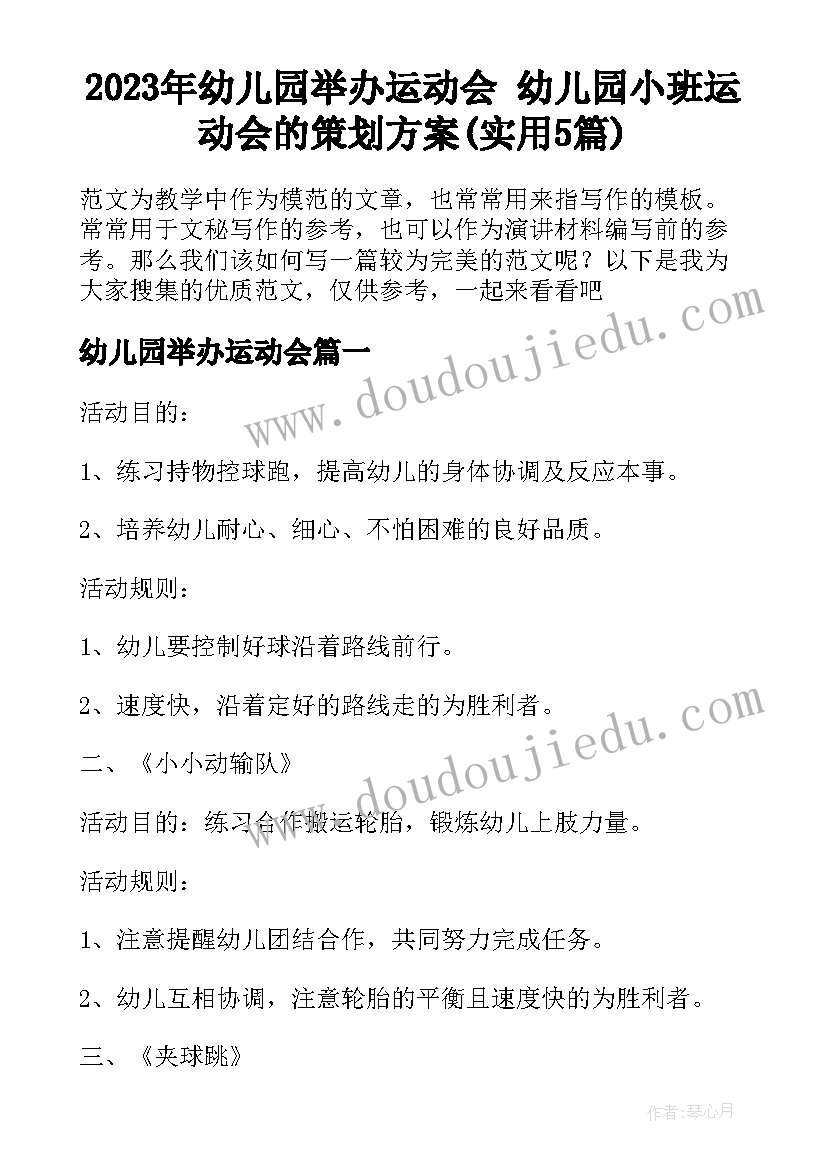 2023年幼儿园举办运动会 幼儿园小班运动会的策划方案(实用5篇)