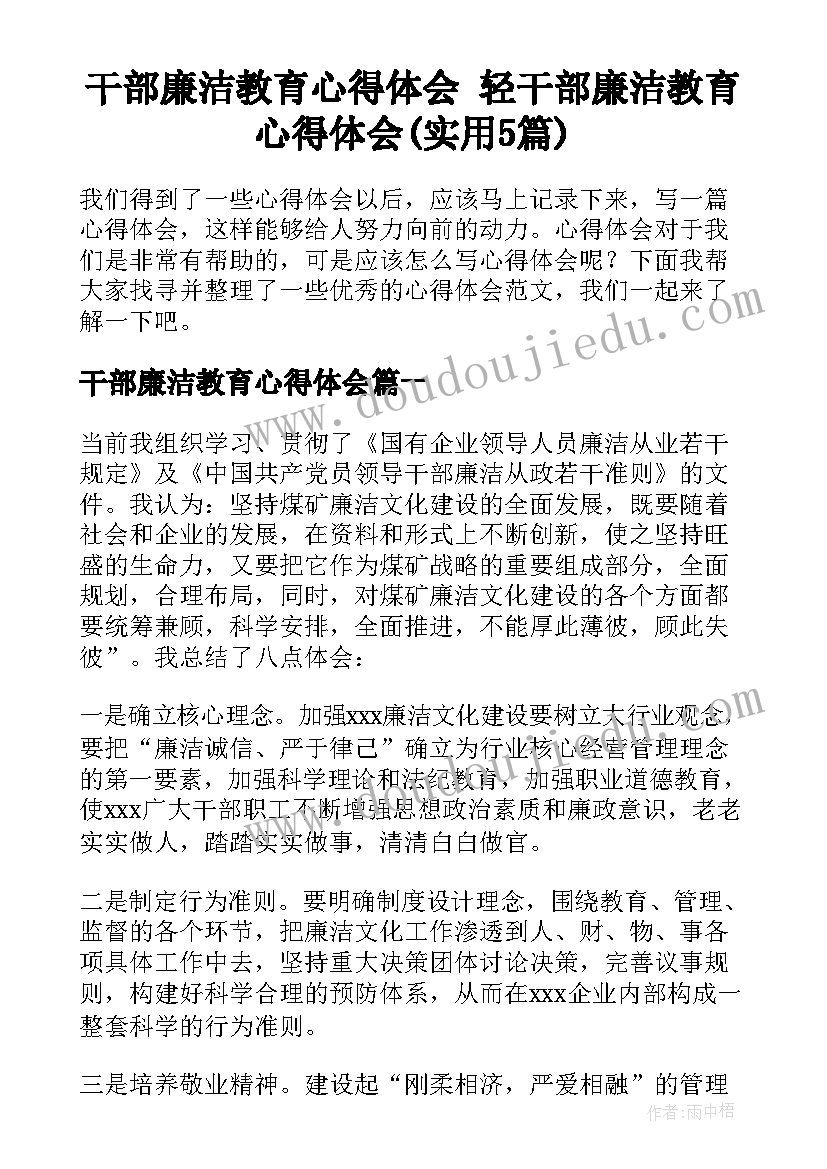 干部廉洁教育心得体会 轻干部廉洁教育心得体会(实用5篇)