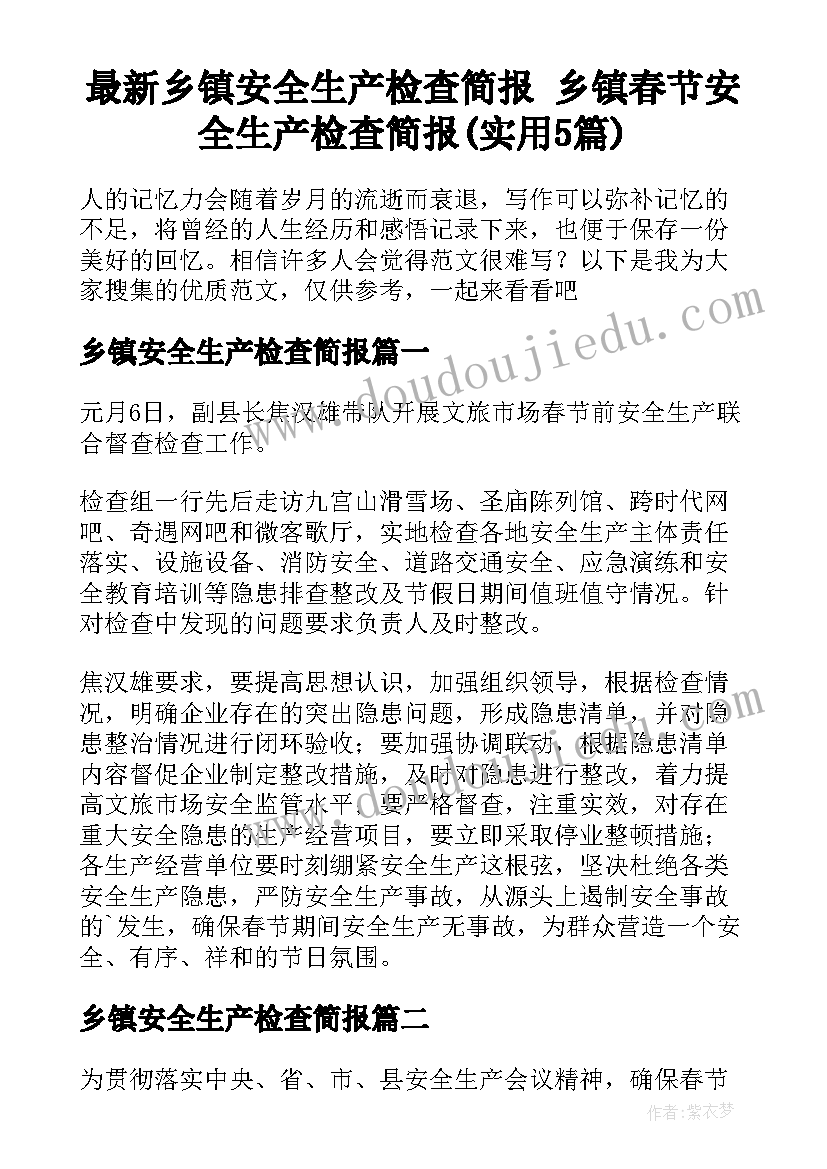 最新乡镇安全生产检查简报 乡镇春节安全生产检查简报(实用5篇)