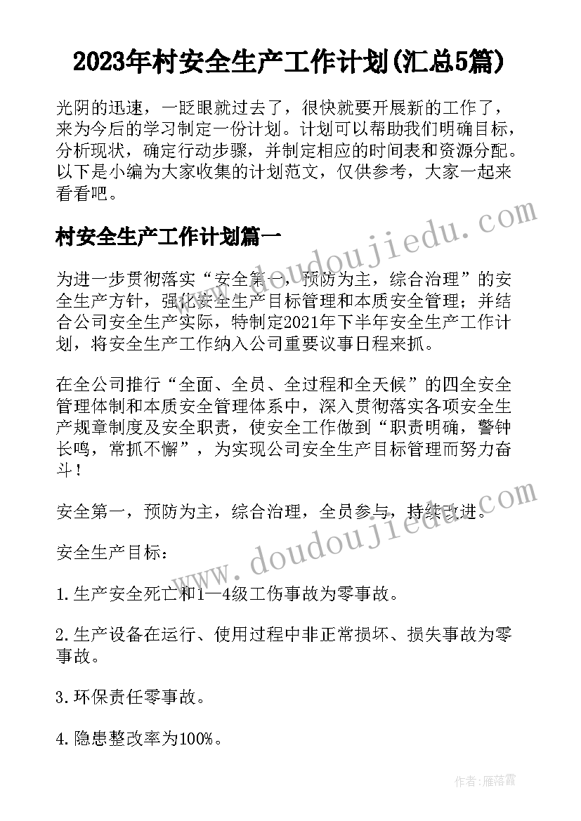 2023年村安全生产工作计划(汇总5篇)