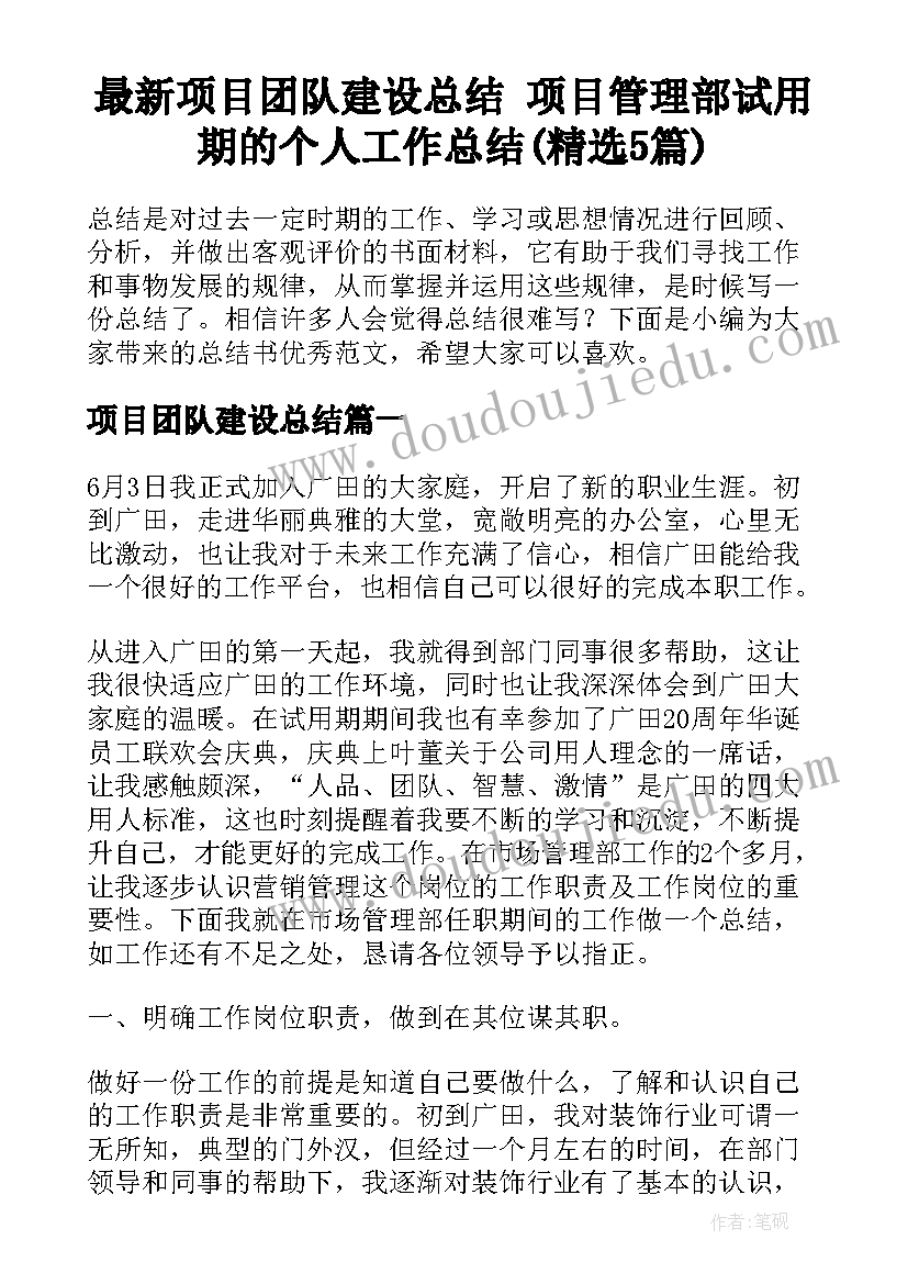 最新项目团队建设总结 项目管理部试用期的个人工作总结(精选5篇)