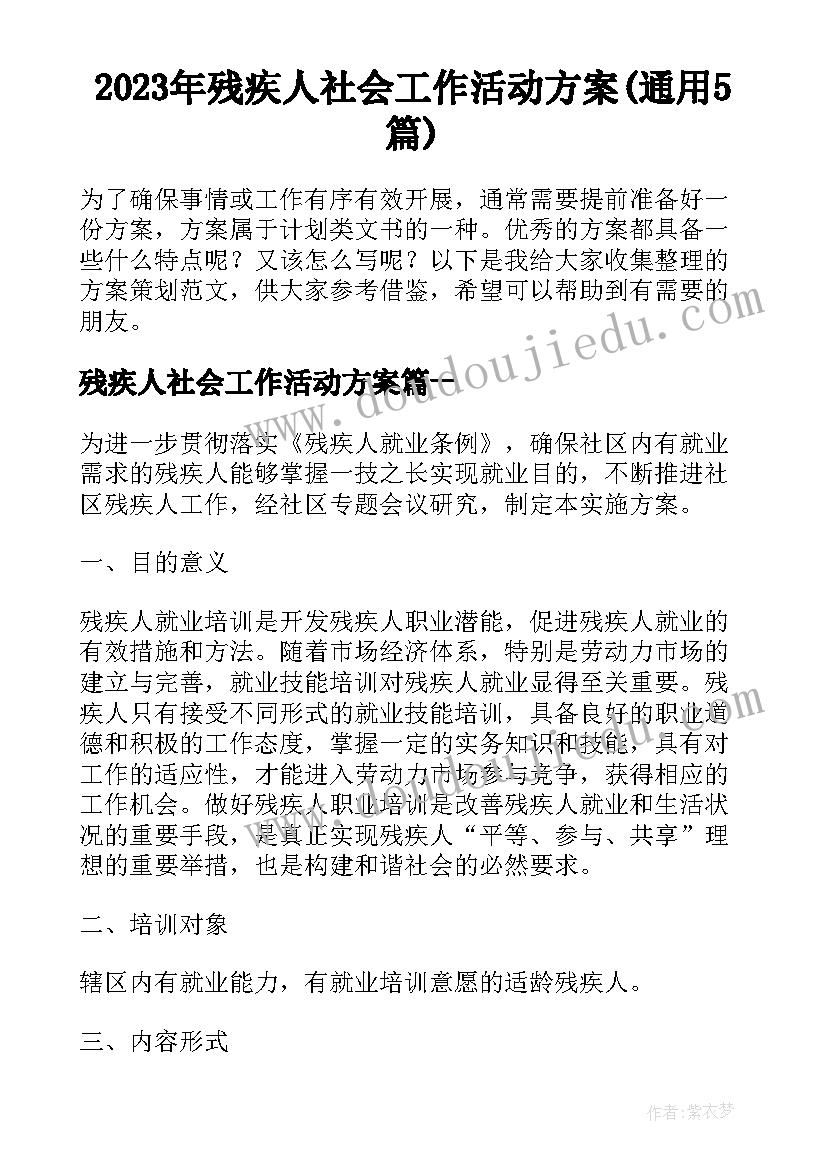 2023年残疾人社会工作活动方案(通用5篇)