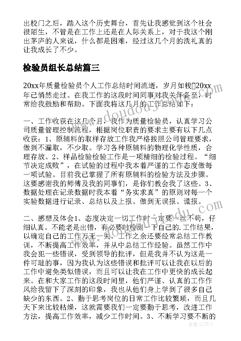 最新检验员组长总结(大全10篇)