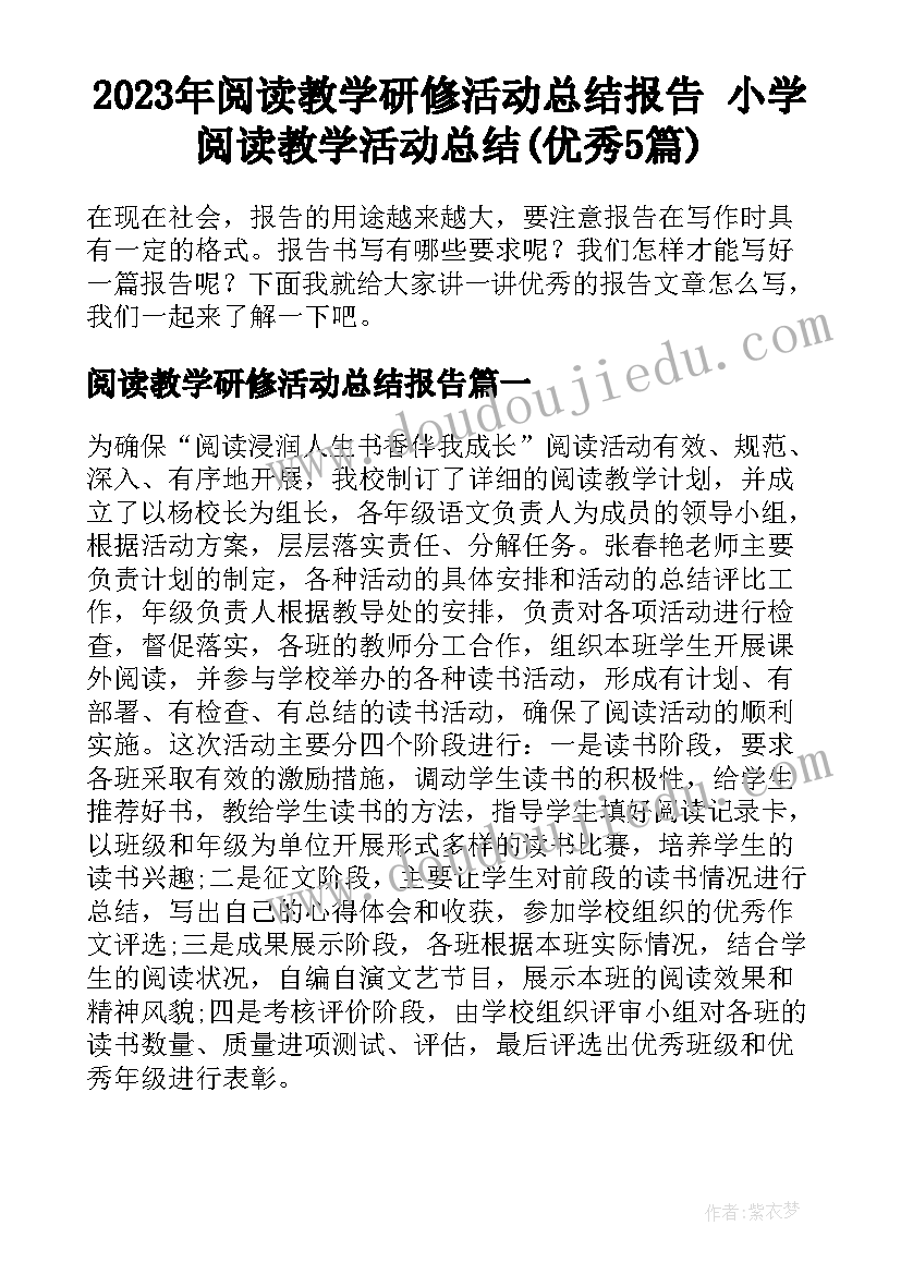 2023年阅读教学研修活动总结报告 小学阅读教学活动总结(优秀5篇)