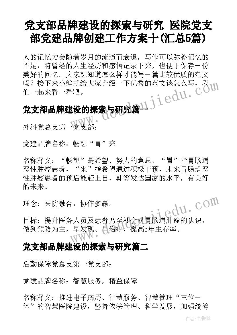 党支部品牌建设的探索与研究 医院党支部党建品牌创建工作方案十(汇总5篇)