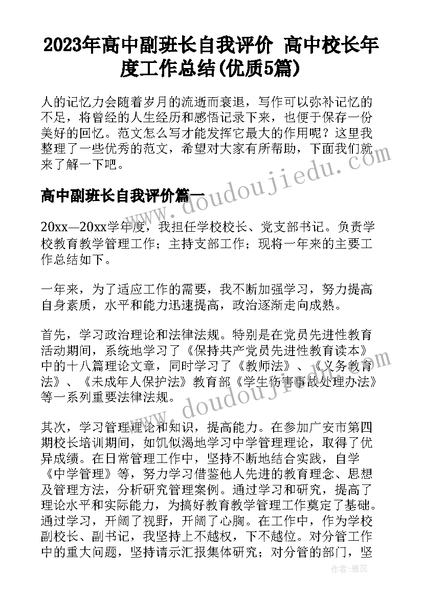 2023年高中副班长自我评价 高中校长年度工作总结(优质5篇)