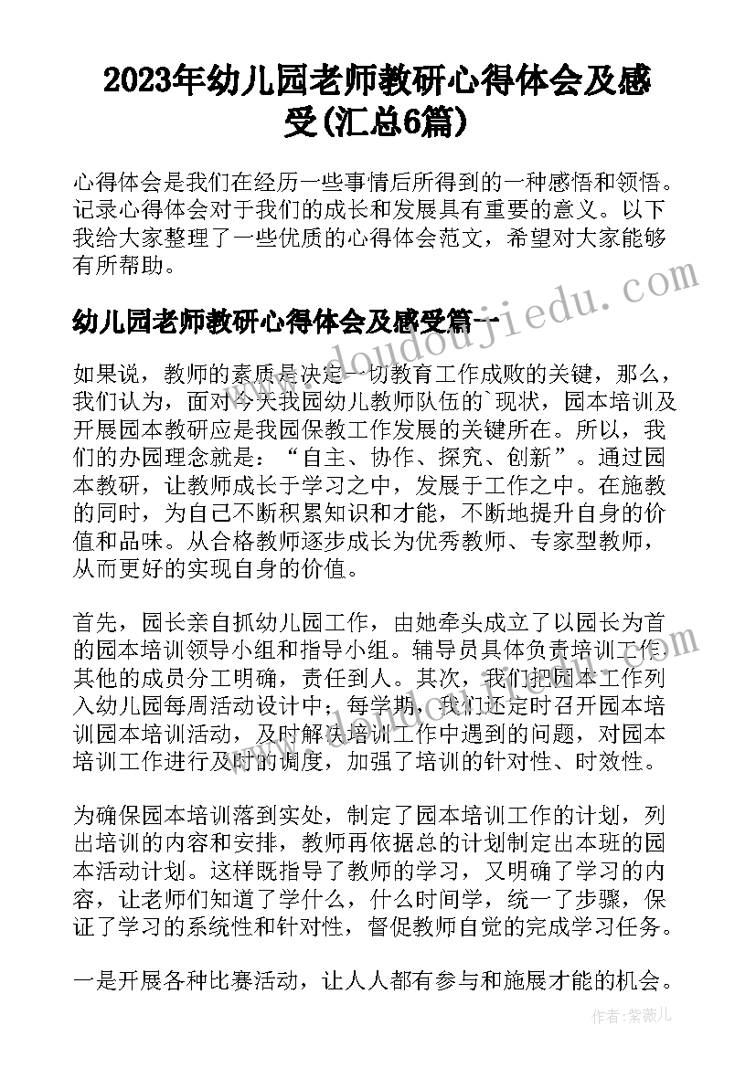 2023年幼儿园老师教研心得体会及感受(汇总6篇)