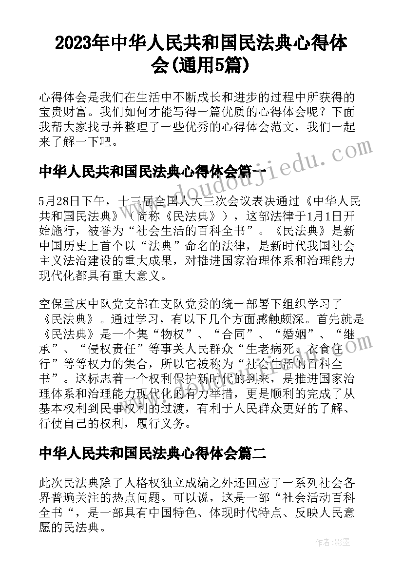 2023年中华人民共和国民法典心得体会(通用5篇)