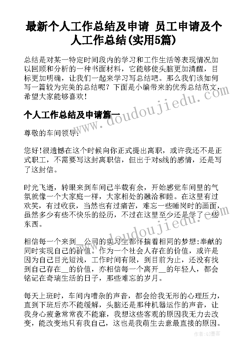 最新个人工作总结及申请 员工申请及个人工作总结(实用5篇)