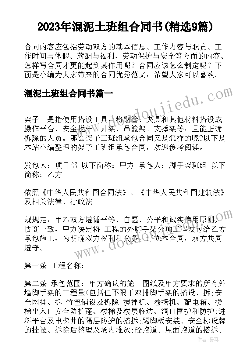 2023年混泥土班组合同书(精选9篇)