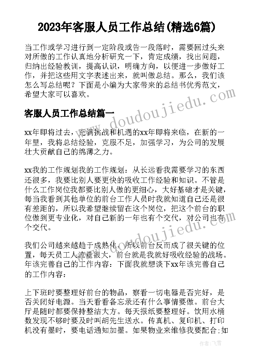 2023年客服人员工作总结(精选6篇)