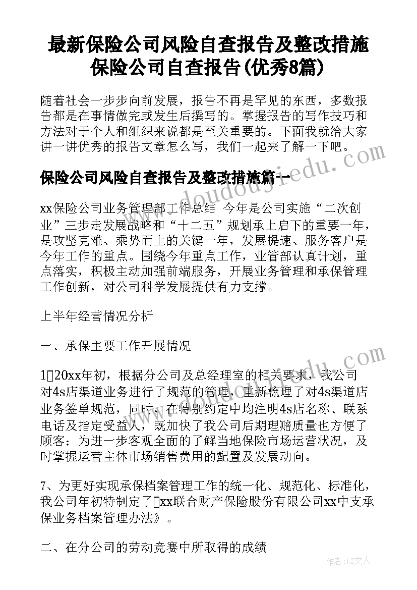 最新保险公司风险自查报告及整改措施 保险公司自查报告(优秀8篇)