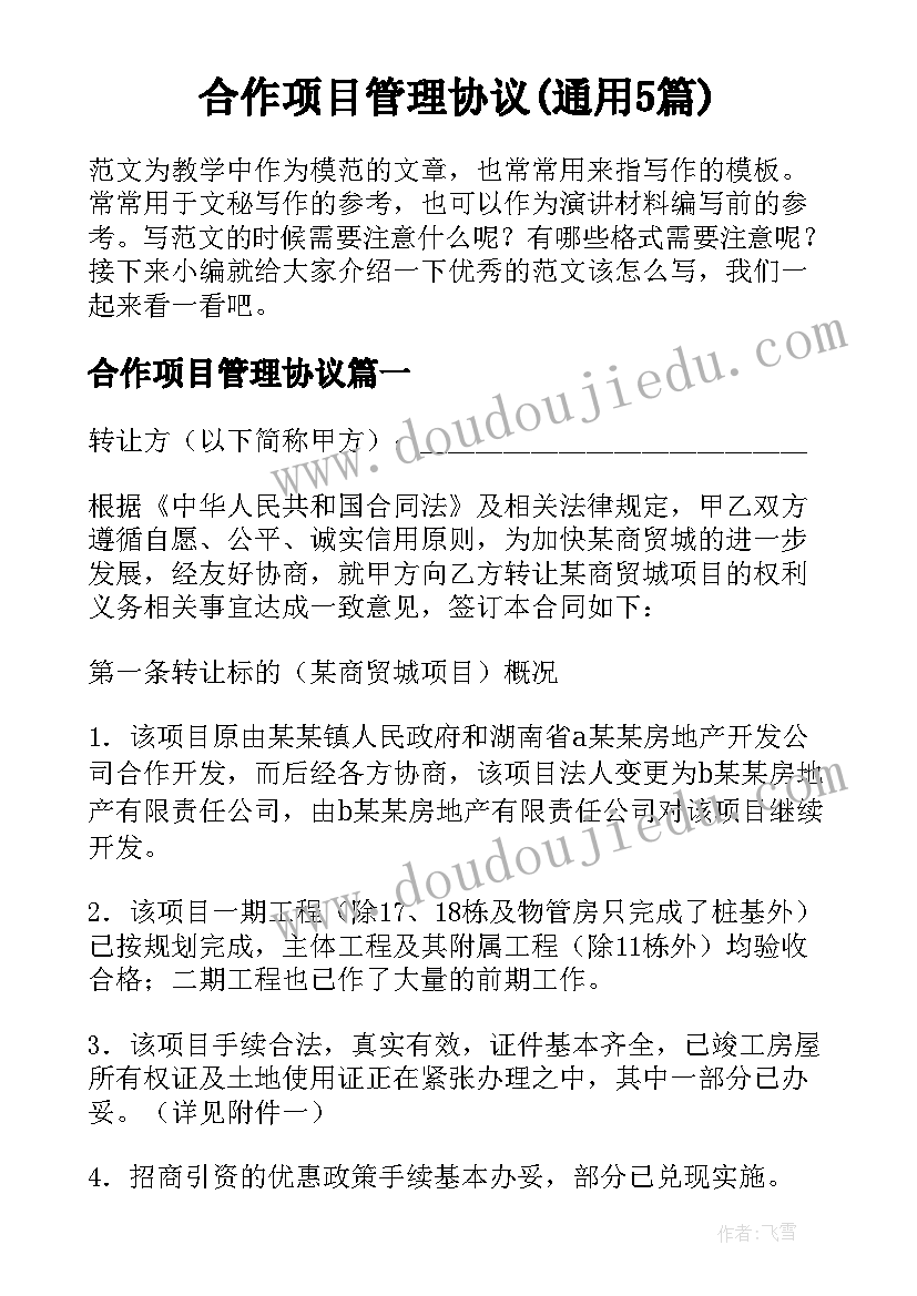 合作项目管理协议(通用5篇)