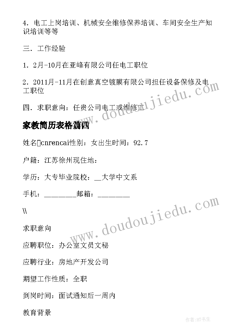 家教简历表格 大学生个人简历电子版填写(实用5篇)