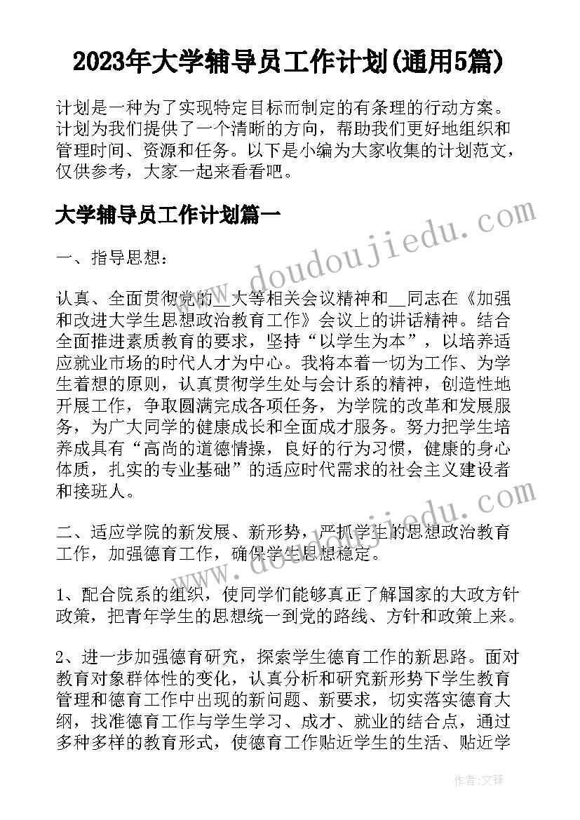 2023年大学辅导员工作计划(通用5篇)