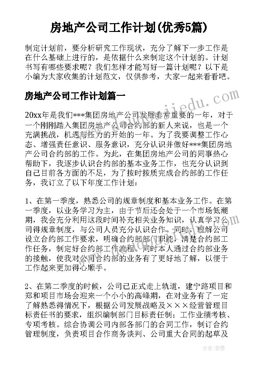 房地产公司工作计划(优秀5篇)