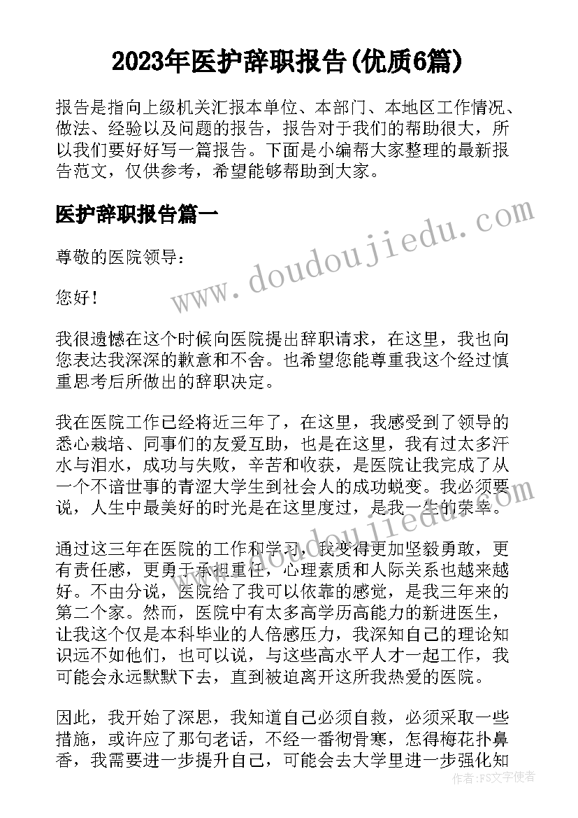 2023年医护辞职报告(优质6篇)