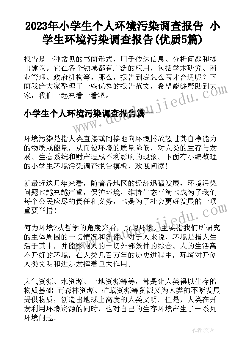 2023年小学生个人环境污染调查报告 小学生环境污染调查报告(优质5篇)