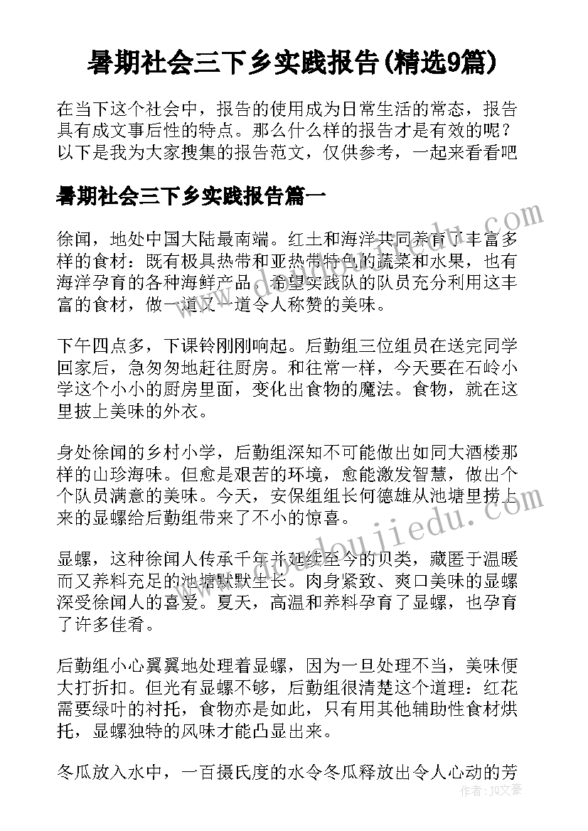 暑期社会三下乡实践报告(精选9篇)