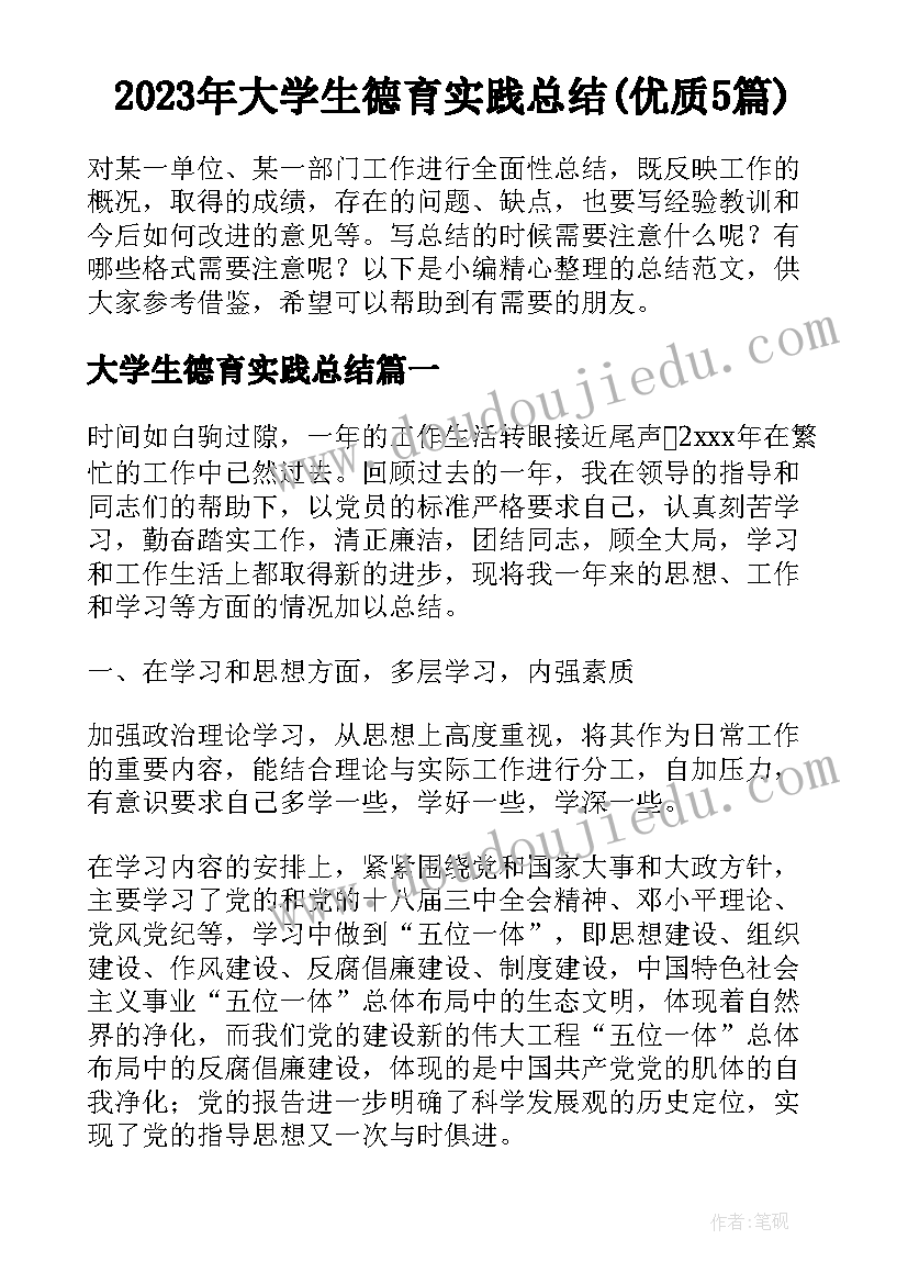 2023年大学生德育实践总结(优质5篇)