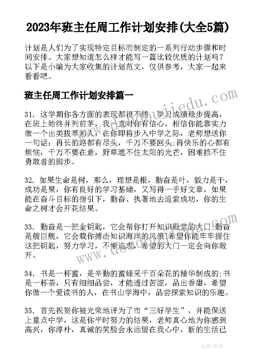 2023年班主任周工作计划安排(大全5篇)