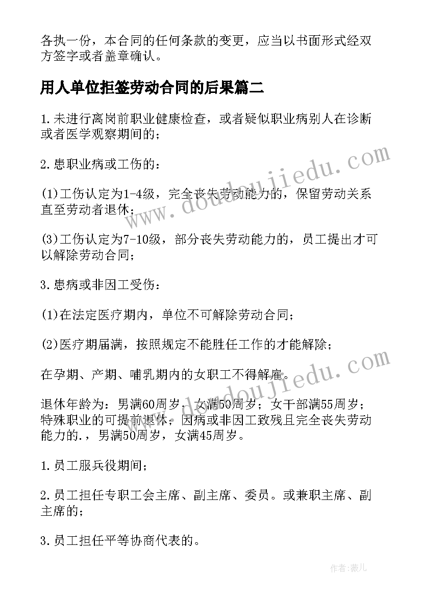 2023年用人单位拒签劳动合同的后果(汇总7篇)