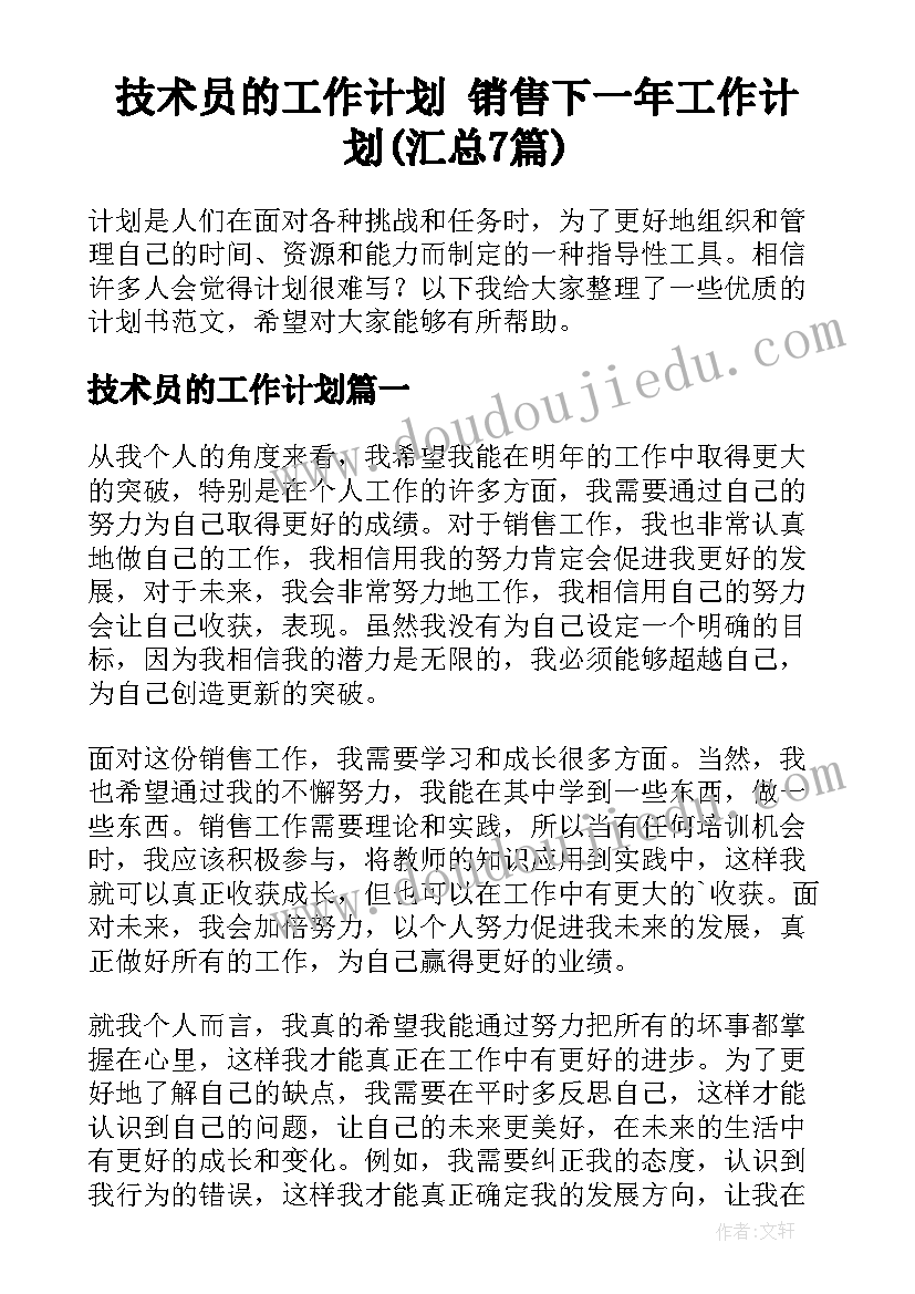 技术员的工作计划 销售下一年工作计划(汇总7篇)