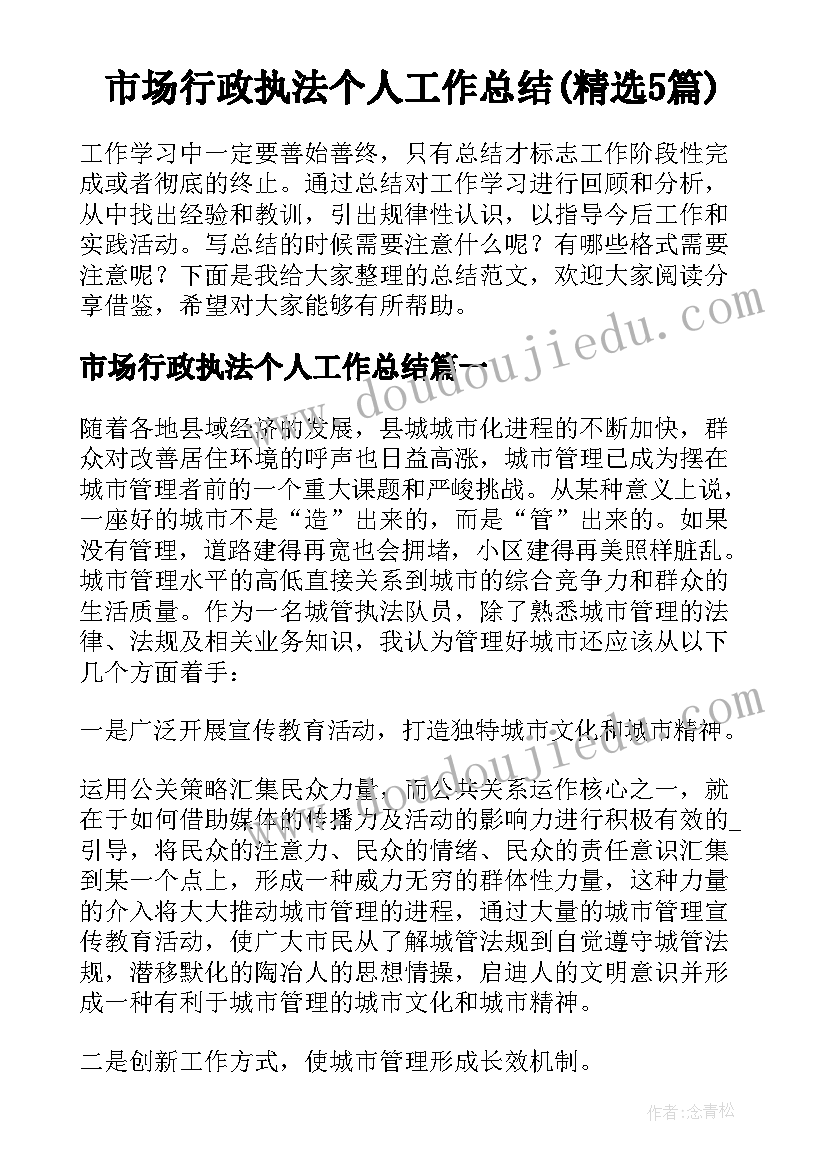 市场行政执法个人工作总结(精选5篇)