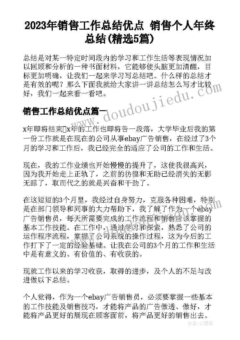 2023年销售工作总结优点 销售个人年终总结(精选5篇)