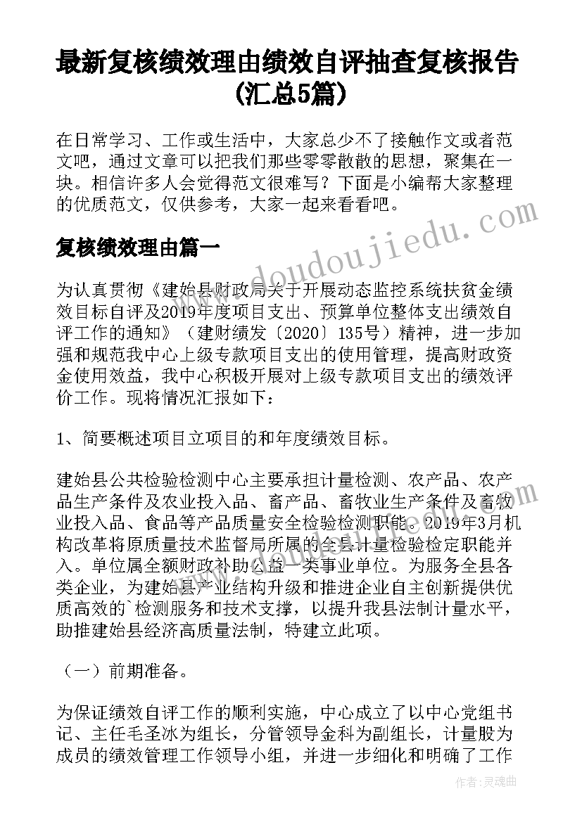 最新复核绩效理由 绩效自评抽查复核报告(汇总5篇)