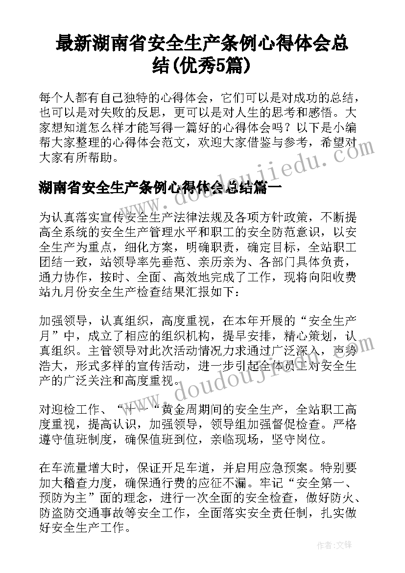 最新湖南省安全生产条例心得体会总结(优秀5篇)