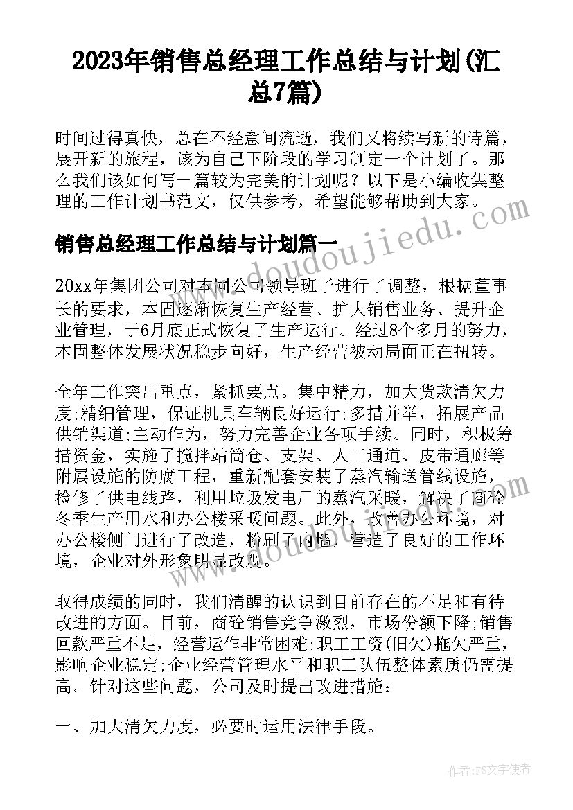 2023年销售总经理工作总结与计划(汇总7篇)